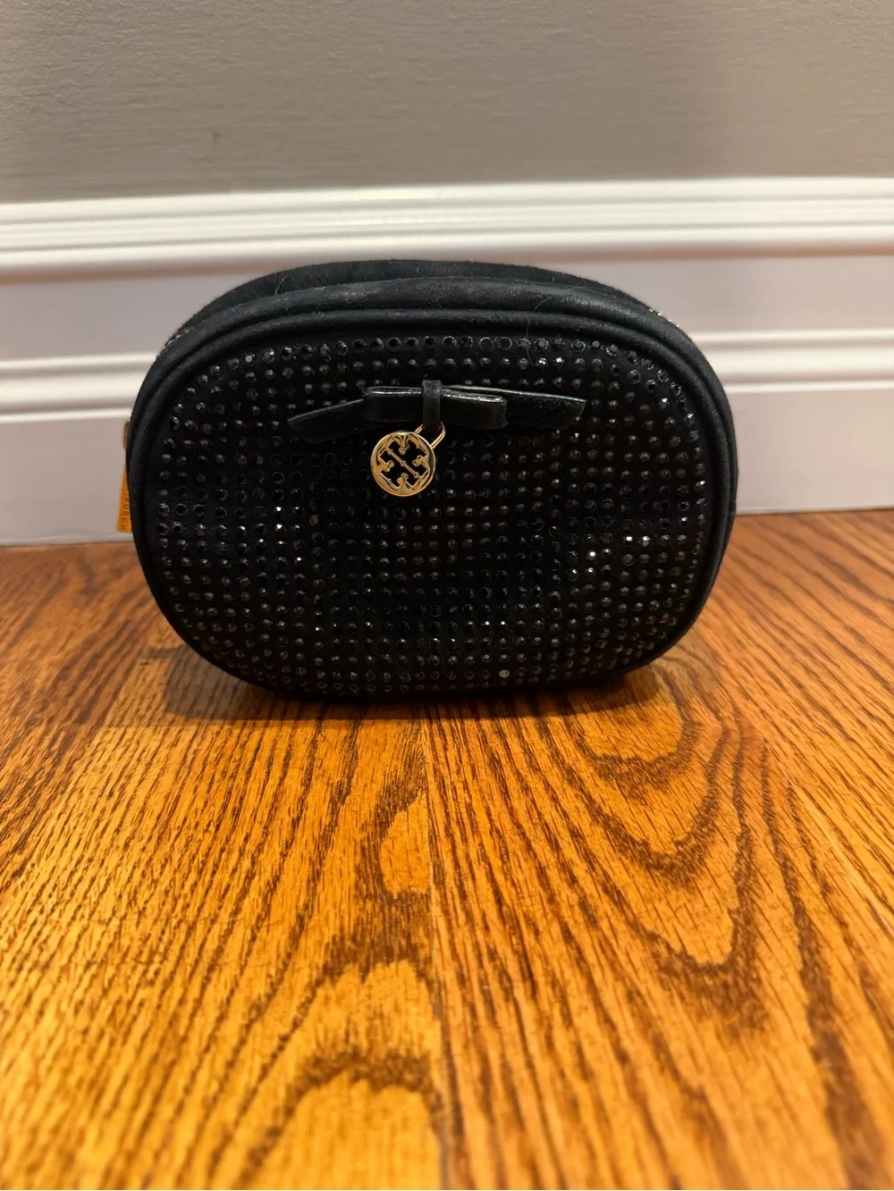 Tory Burch Black Suede Crystal-Stud Cosmetic Case with Gold Logo Charm